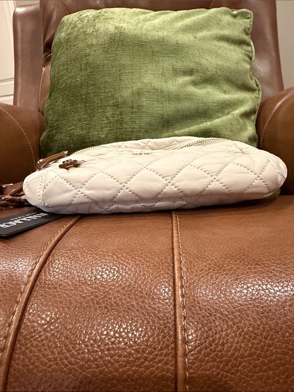 MZ Wallace Crosby Sling Bag - Cream Quilted Crossbody Belt Bag with Tan Trim - Picture 11 of 17